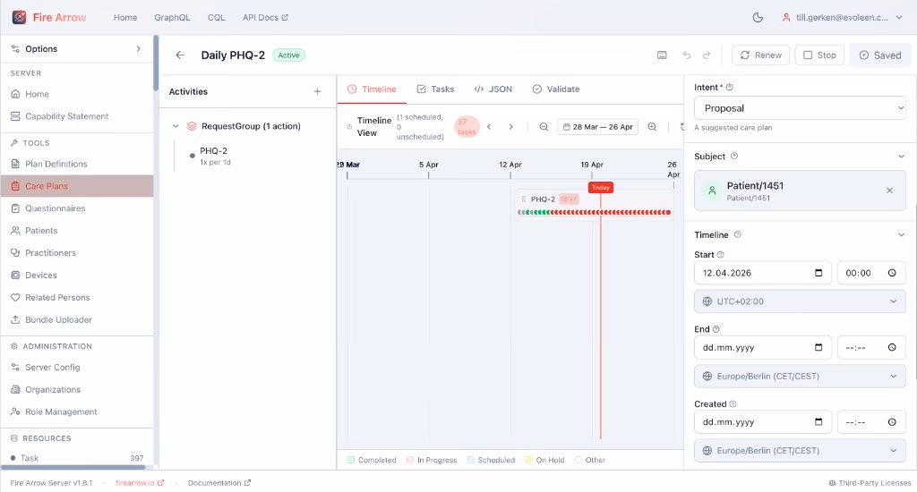 Fire Arrow web UI showing a CarePlan with scheduled PHQ-2 questionnaire Tasks on a timeline